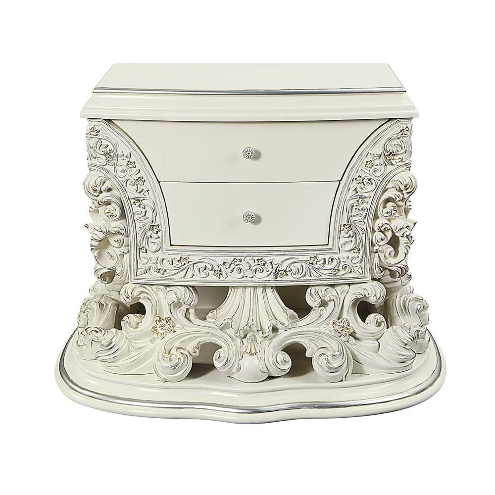 Bringing a modern approach to the classic ornate Rococo style, the Adara bed blends in contemporary touches with traditional design details. The PU adds a fresh approach to the intricately embellished bed. The antique white is embellished with light gold 