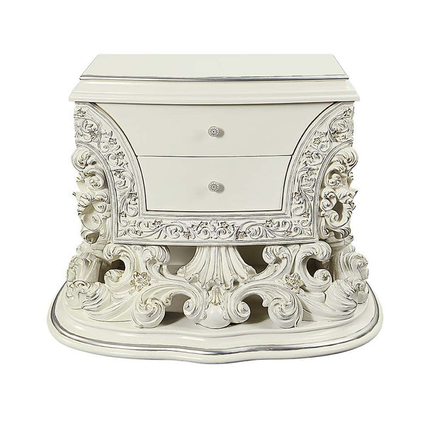  the Adara bed blends in contemporary touches with traditional design details. The PU adds a fresh approach to the intricately embellished bed. The antique white is embellished with light gold 