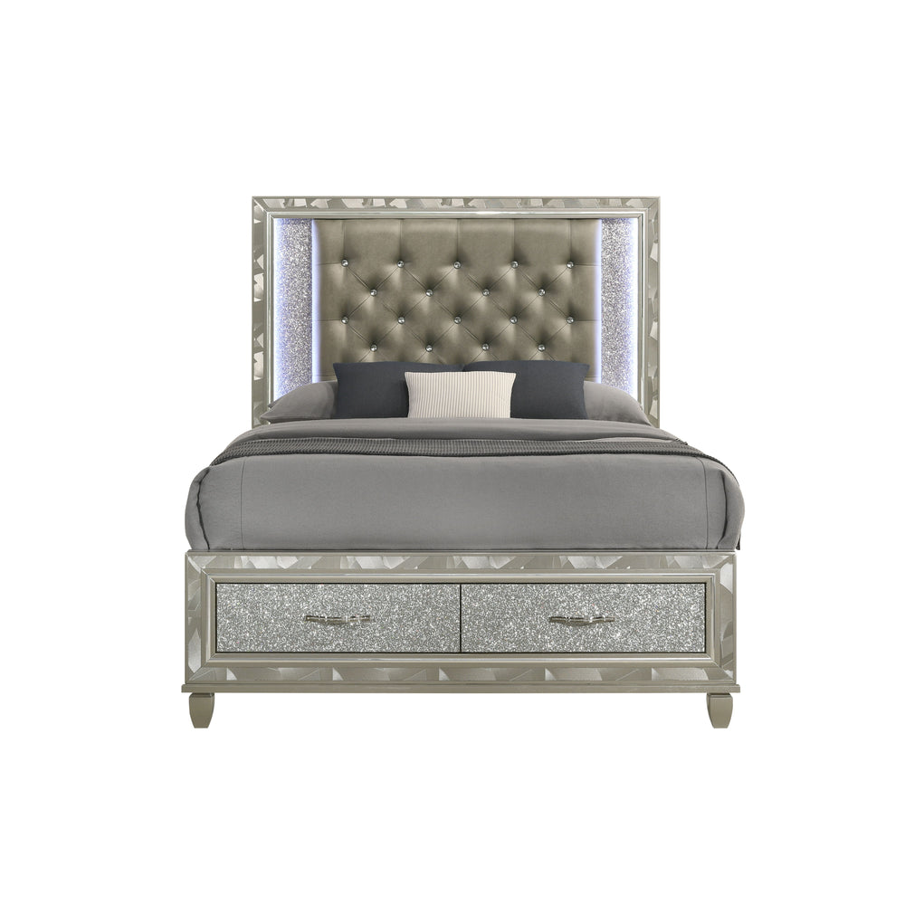 Indulge in the allure of the Radiance Queen Storage Bed in Silver, a marvel of quality construction crafted from a blend of solid rubberwood and manufactured woods for unparalleled stability and durability. Its semi-gloss lacquer Platinum Silver finish le