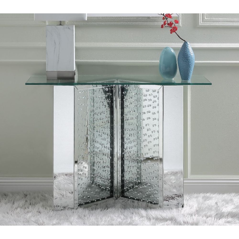 KD, Rectangular Console Table NO Storage Features: Glass Top, Mirrored -"V-" Shape Base w/Faux Crystals & Clear Glass CONSTRUCTION Glass Top Mirrored -"V-" Shape Base: 4mm Beveled Mirror, MDF, Faux Crystals, 4mm Clear Tempered Glass<br/><br/><b>Product Fe