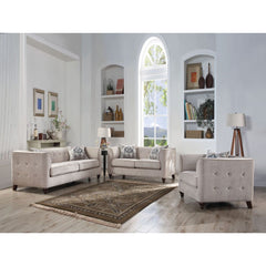 Modern fabric shades accented with tufted cushions, the eye-catching Cyndi collection will vitalize any living space. The soft armrest shelter adds traditional style while quality velvet and pocket coil supporting system deliver long-lasting durability. I