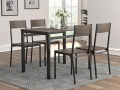 Keep it simple and modern with this five piece dining set. The look of wood tops on a metal frame is characteristic of a modern industrial design theme, popular in loft spaces and modern homes. The finishes bring added protection against the activity of d