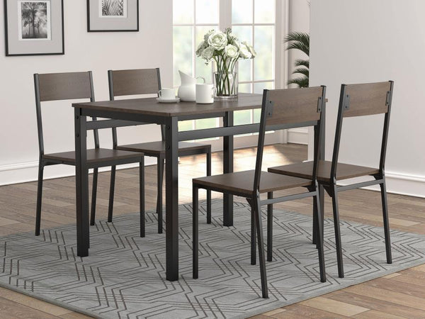 Keep it simple and modern with this five piece dining set. The look of wood tops on a metal frame is characteristic of a modern industrial design theme, popular in loft spaces and modern homes. The finishes bring added protection against the activity of d
