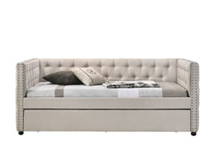 Maximize the space in your guest room with this Romona daybed & trundle. An excellent choice for any guest room that doubles as a study, or as extra sleeping space in a bedroom. Beautiful, timeless details such as button tufting and nail-head trim accents