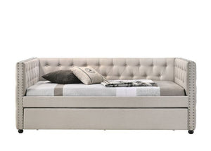 Maximize the space in your guest room with this Romona daybed & trundle. An excellent choice for any guest room that doubles as a study, or as extra sleeping space in a bedroom. Beautiful, timeless details such as button tufting and nail-head trim accents