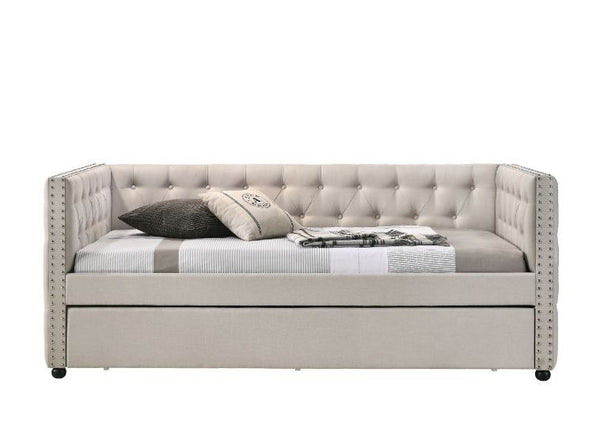 Maximize the space in your guest room with this Romona daybed & trundle. An excellent choice for any guest room that doubles as a study, or as extra sleeping space in a bedroom. Beautiful, timeless details such as button tufting and nail-head trim accents