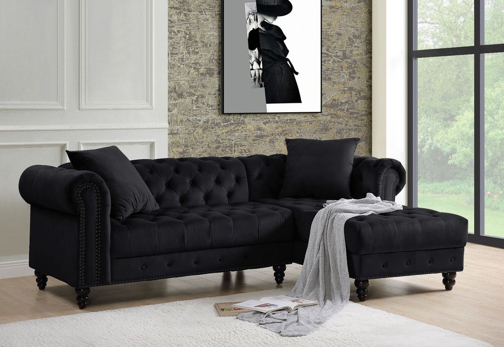 Create a chic living room with the Adnelis sectional sofa. It is beautifully upholstered in lustrous velvet. It is designed with spectacular attention to fine details such as button tufting and nail-head trim accents. The rolled armrests add a regal touch