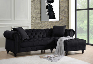 Create a chic living room with the Adnelis sectional sofa. It is beautifully upholstered in lustrous velvet. It is designed with spectacular attention to fine details such as button tufting and nail-head trim accents. The rolled armrests add a regal touch