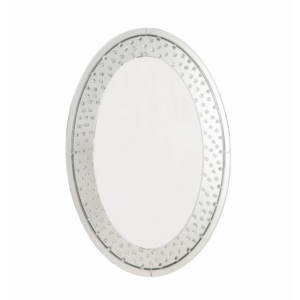 Oval Mirror (Wall) â€¢ Beveled Mirrored Finish, Clear Glass with Faux Crystal Inlay â€¢â€¢ CONSTRUCTION â€¢â€¢ Mirrored Frame, Trim: 4mm Clear Glass with Faux Crystal Inlay: Mirror, MDF<br/><br/><b>Product Features</b><ul><li>Accent Wall Mirror</li><li>Be