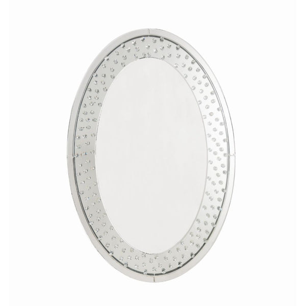 Oval Mirror (Wall) â€¢ Beveled Mirrored Finish, Clear Glass with Faux Crystal Inlay â€¢â€¢ CONSTRUCTION â€¢â€¢ Mirrored Frame, Trim: 4mm Clear Glass with Faux Crystal Inlay: Mirror, MDF<br/><br/><b>Product Features</b><ul><li>Accent Wall Mirror</li><li>Be