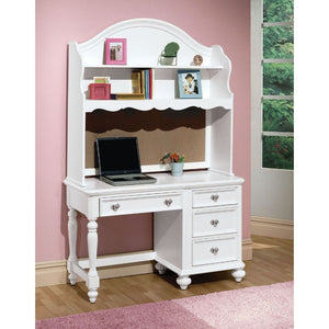 The Athena collection, hutch is the perfect complement to its matching desk. This hutch is crafted in a white finish and features a curved top with two shelves. With little details like a bottom shelf with an intricate scalloped edge and a corkboard panel