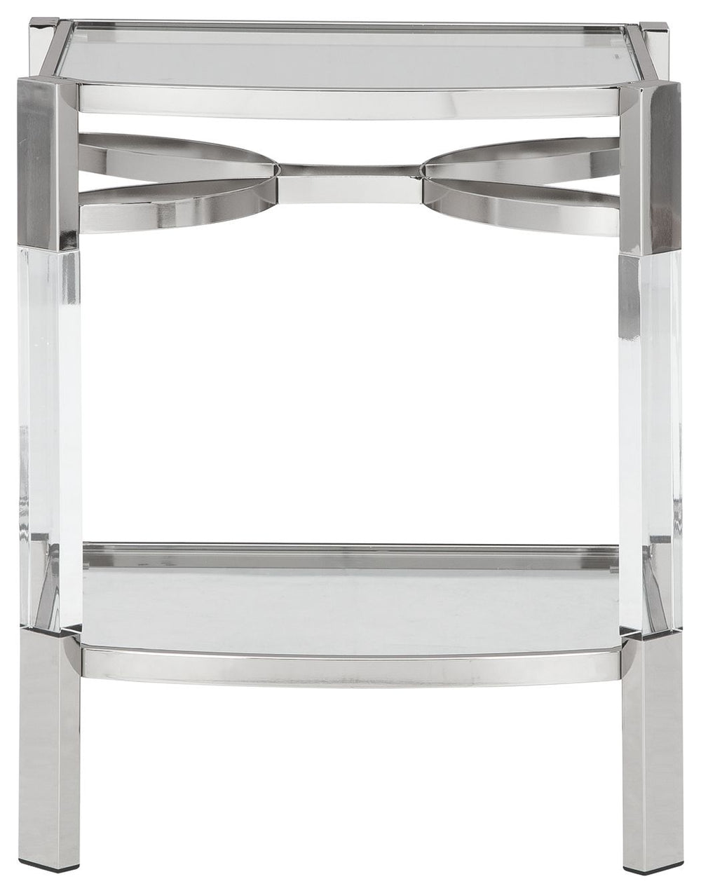 If you love the idea of total transparency, this accent table is surely a sight for sore eyes. Crafted of clear acrylic, the glass top and open glass shelf is beautifully on trend. Sleek chrome plated metal legs with clear acrylic accents add a touch of e