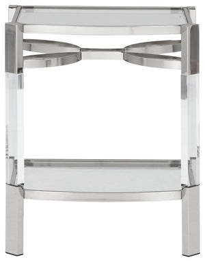 If you love the idea of total transparency, this accent table is surely a sight for sore eyes. Crafted of clear acrylic, the glass top and open glass shelf is beautifully on trend. Sleek chrome plated metal legs with clear acrylic accents add a touch of e