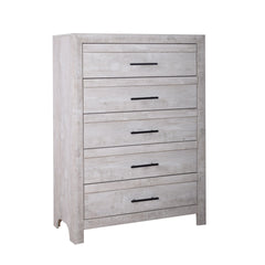 Introducing the Biscayne Five Drawer Chest, meticulously crafted with durable manufactured wood and adorned with an Eco-Friendly decorative laminate for enduring strength and stability. Its Driftwood finish creates a light, airy ambiance, perfect for unwi