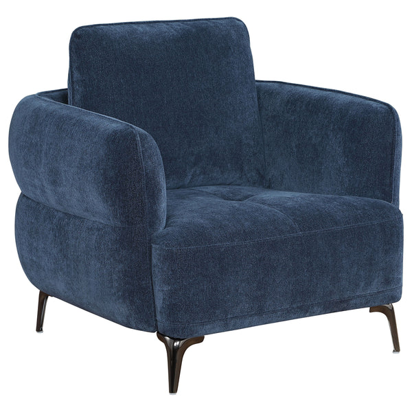 Add a touch of modern elegance to your living space with this stunning chair, designed to capture attention from every angle. Featuring curves in all the right places and an alluring back profile, this chair offers both style and comfort. The deep blue up