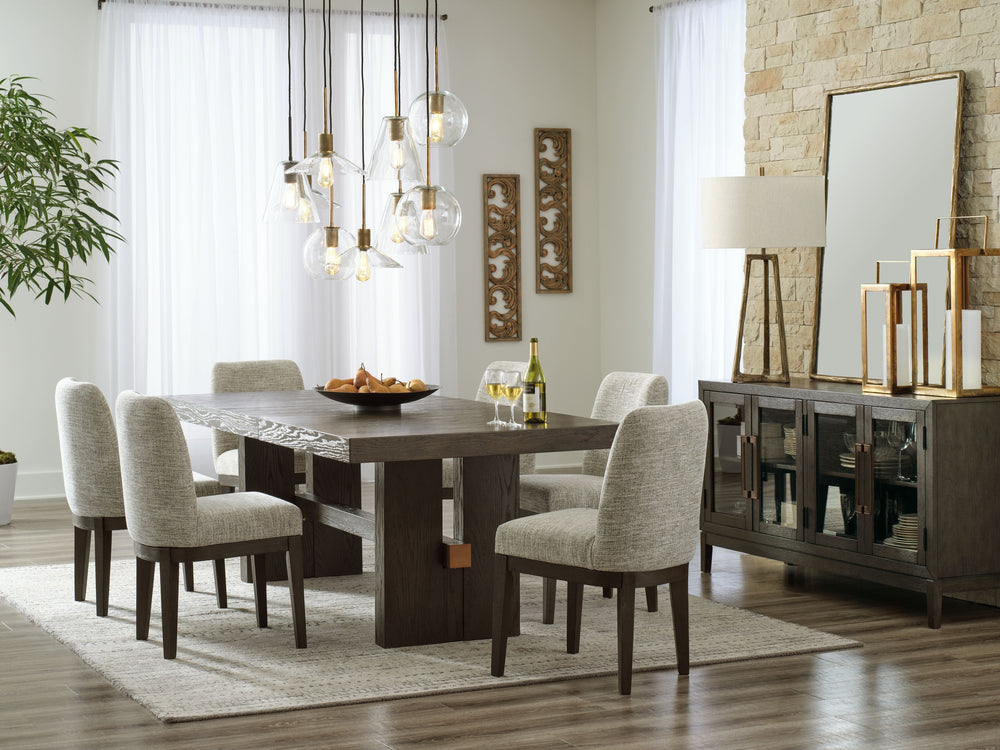 Dressed to thrill, this simply stunning dining room group offers a high-design look at a down-to-earth price. Ultra sleek lines are accentuated with a dark waxy brown oak-tone finish thatâ€™s so easy on the eyes. Clean-lined and modern, the double pedesta