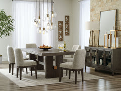 Dressed to thrill, this simply stunning dining room group offers a high-design look at a down-to-earth price. Ultra sleek lines are accentuated with a dark waxy brown oak-tone finish thatâ€™s so easy on the eyes. Clean-lined and modern, the double pedesta