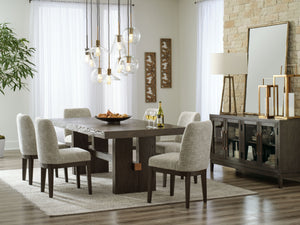 Dressed to thrill, this simply stunning dining room group offers a high-design look at a down-to-earth price. Ultra sleek lines are accentuated with a dark waxy brown oak-tone finish thatâ€™s so easy on the eyes. Clean-lined and modern, the double pedesta