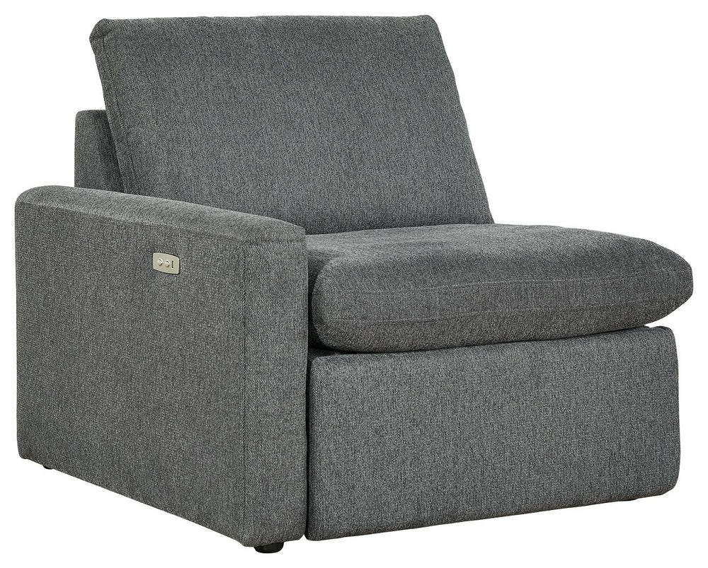 This left-arm facing power recliner is made with polyester upholstery. Pairs with other items in the series to make a sectional.<br><br><b>Additional Dimensions</b><br><ul><li>Seat width: 33-"</li><li>Seat depth: 25-"</li><li>Seat height: 21-"</li><li>Arm