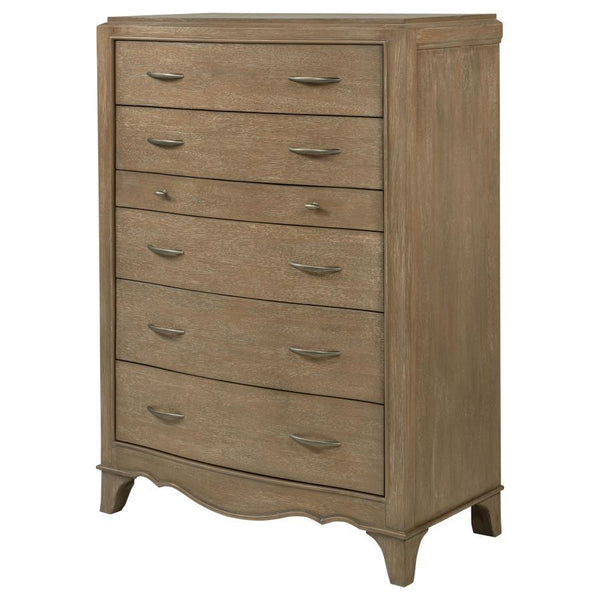  it features a washed mango finish that enhances the natural wood grain. Five spacious drawe