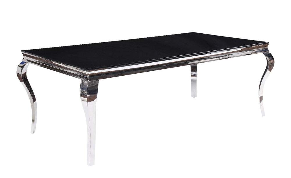 Add a modern touch to your dining room with the Fabiola dining table. With stunning cabriole legs, this beautiful rectangular table will create a dramatic statement in your dining space. Its spacious beveled glass top reveals the stunning stainless-steel 