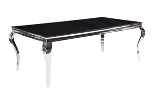  this beautiful rectangular table will create a dramatic statement in your dining space. Its spacious beveled glass top reveals the stunning stainless-steel 