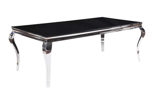  this beautiful rectangular table will create a dramatic statement in your dining space. Its spacious beveled glass top reveals the stunning stainless-steel 