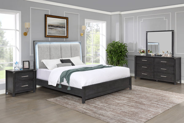 Experience the epitome of sophistication with the Odessa 4 Piece Bedroom Set. This ensemble includes a beautifully illuminated bed, a six-drawer dresser, a mirror and a two-drawer nightstand, all in a captivating charcoal gray finish. Crafted from robust 