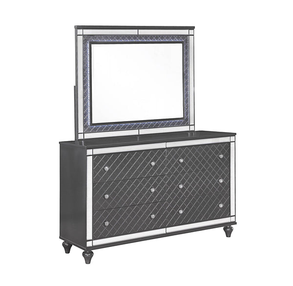 Refino-Dresser/ Mirror-Gray<h4><b>Refino - Dresser - Gunmetal</b></h4> <table width="100%"><colgroup><col style="width: 30%"> <col style="width: 70%"> </colgroup> <tbody> <tr> <td>Dimensions</td> <td> 62.00"L x 18.25"D x 37.50"H</td> </tr> <tr> <td>Weight