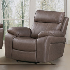 Oversized features, neutral coloring, and a faux-leather look and feel converge to create a strong, masculine aesthetic for the Theon Glider Recliner. Theon features easy-to-operate latches for manual recline enjoyable by the whole family. Theon-'s contou