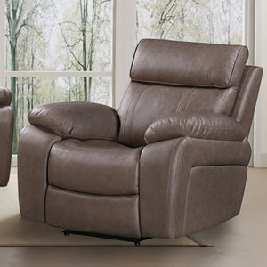 Oversized features, neutral coloring, and a faux-leather look and feel converge to create a strong, masculine aesthetic for the Theon Glider Recliner. Theon features easy-to-operate latches for manual recline enjoyable by the whole family. Theon-'s contou