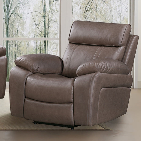 Oversized features, neutral coloring, and a faux-leather look and feel converge to create a strong, masculine aesthetic for the Theon Glider Recliner. Theon features easy-to-operate latches for manual recline enjoyable by the whole family. Theon-'s contou