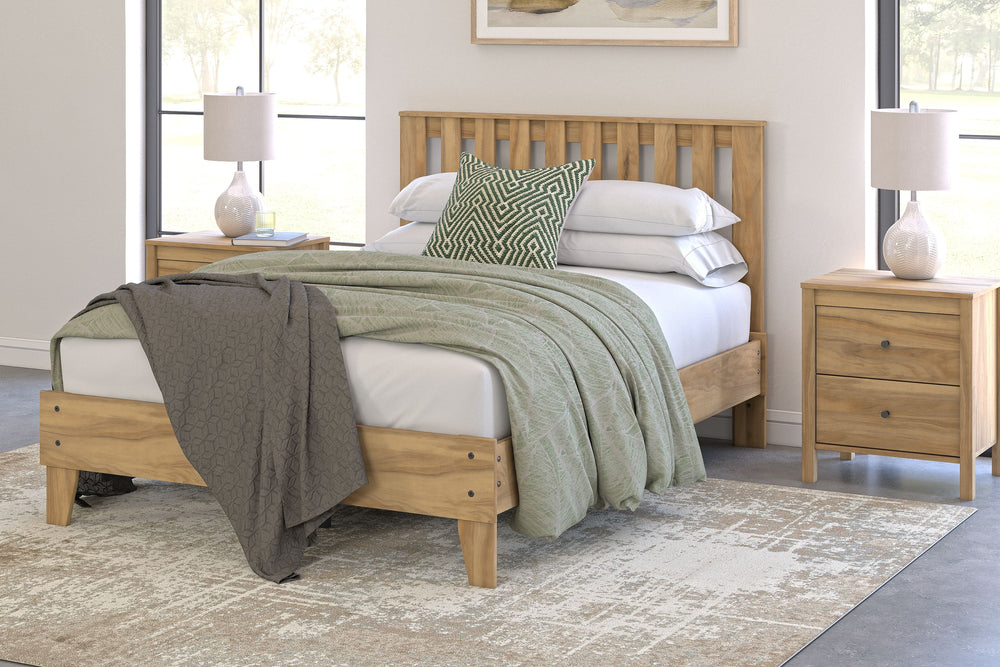This full platform panel bed puts the dream of a casual bedroom retreat beautifully within budget. Its warm light brown finish over replicated hickory grain exudes a homey vibe. Slatted detailing on the headboard incorporates rich dimension. Itâ€™s a simp