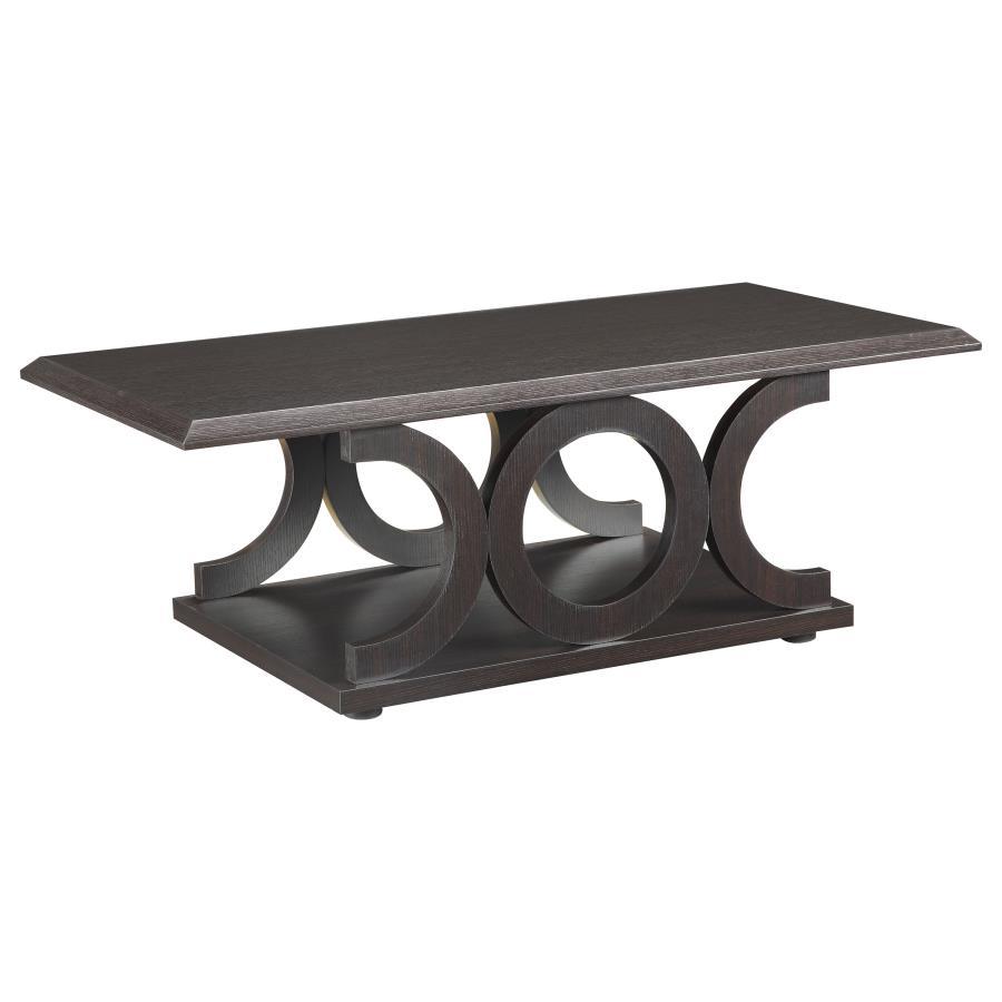 Elevate your living room with this modern coffee table, featuring a striking design with circular accents on the base. The cappuccino finish adds rich warmth, while the durable engineered wood construction ensures lasting quality. Its smooth, scratch-resi