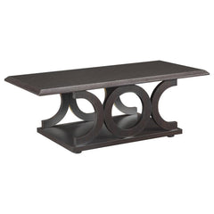 Elevate your living room with this modern coffee table, featuring a striking design with circular accents on the base. The cappuccino finish adds rich warmth, while the durable engineered wood construction ensures lasting quality. Its smooth, scratch-resi