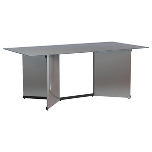 Make a statement in your glam dining room with a contemporary mirrored dining table. Its angular structure and rectangular tabletop are a dynamic collaboration, delivering dimension and depth in a refined space. Black trim complements V-shaped pedestals, 