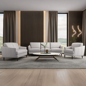  this beautiful moss green or pearl gray leather sofa features a T-shape cushion with contrast tone stitching and unique tapered wood legs. Its deep