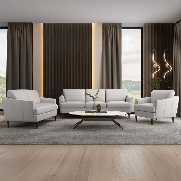  this beautiful moss green or pearl gray leather sofa features a T-shape cushion with contrast tone stitching and unique tapered wood legs. Its deep