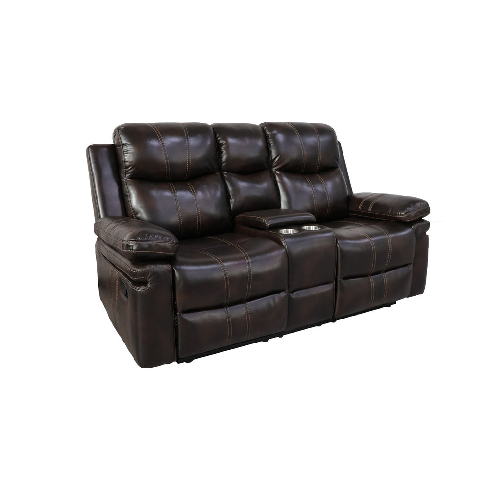 The Kellen Console Loveseat with Dual Recliners in rich brown combines durability, comfort, and thoughtful design. Built with a solid frame of premium hardwoods and plywood, this loveseat ensures long-lasting stability and strength. The resilient foam cus