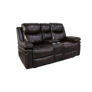 The Kellen Console Loveseat with Dual Recliners in rich brown combines durability, comfort, and thoughtful design. Built with a solid frame of premium hardwoods and plywood, this loveseat ensures long-lasting stability and strength. The resilient foam cus