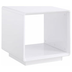 This matching end table continues the refined aesthetic with a white high gloss finish over engineered wood. Its compact form works perfectly as a side table or occasional table, while the open shelf adds convenient utility. As an accent table or utility 