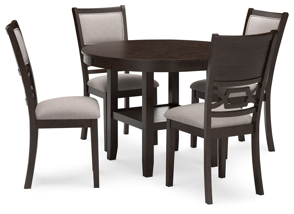 Canâ€™t decide between classic and contemporary? Embrace the beauty of transitional style with this casually sophisticated dining table and chairs. The clean-lined profile and traditional cherry finish merge with contrasting upholstery to create a timeles