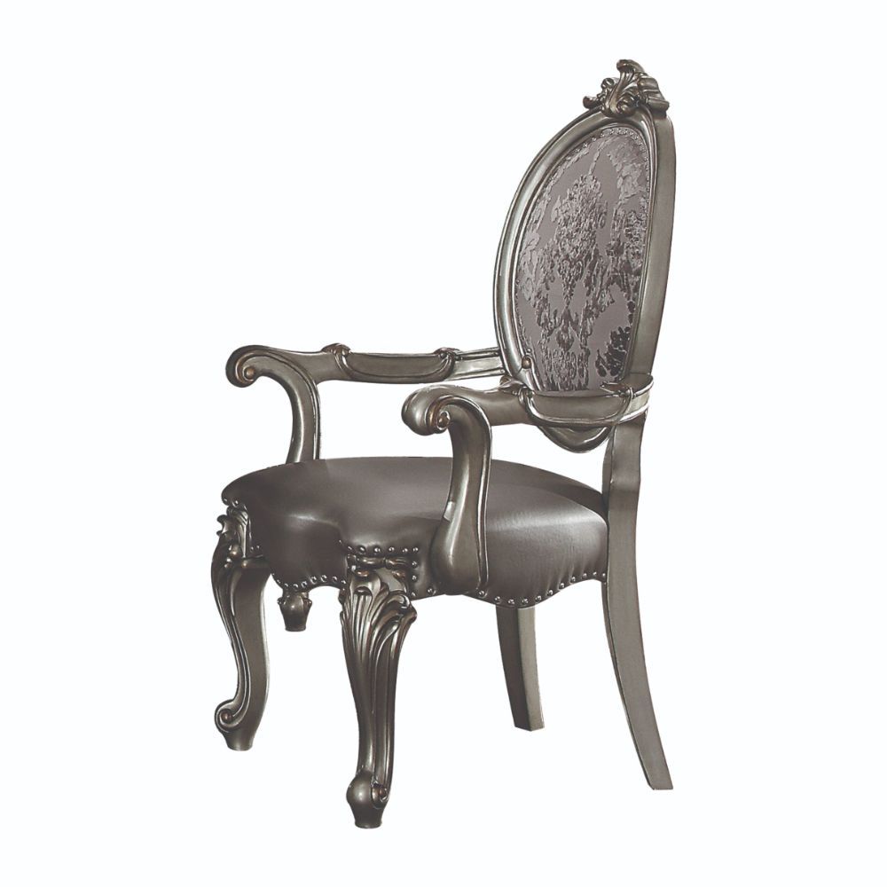 KD, Arm Chair Padded SEAT & BACK Cushion, Nailhead Trim BACKREST (Oval): Leaf Crown Motif, Floral Fabric Inside and Silver PU Outside SEAT: Silver PU & Scalloped Apron Wooden Cabriole Legs w/Scrolled Motifs (Poly Resin with Antique Contrast Finish)<br/><b