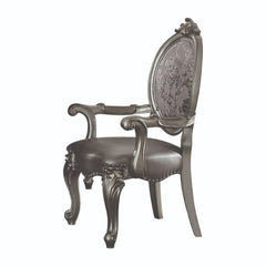 KD, Arm Chair Padded SEAT & BACK Cushion, Nailhead Trim BACKREST (Oval): Leaf Crown Motif, Floral Fabric Inside and Silver PU Outside SEAT: Silver PU & Scalloped Apron Wooden Cabriole Legs w/Scrolled Motifs (Poly Resin with Antique Contrast Finish)<br/><b