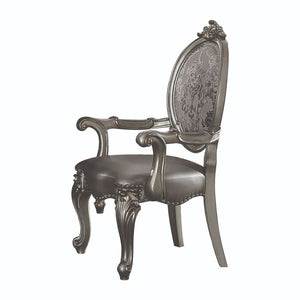 KD, Arm Chair Padded SEAT & BACK Cushion, Nailhead Trim BACKREST (Oval): Leaf Crown Motif, Floral Fabric Inside and Silver PU Outside SEAT: Silver PU & Scalloped Apron Wooden Cabriole Legs w/Scrolled Motifs (Poly Resin with Antique Contrast Finish)<br/><b