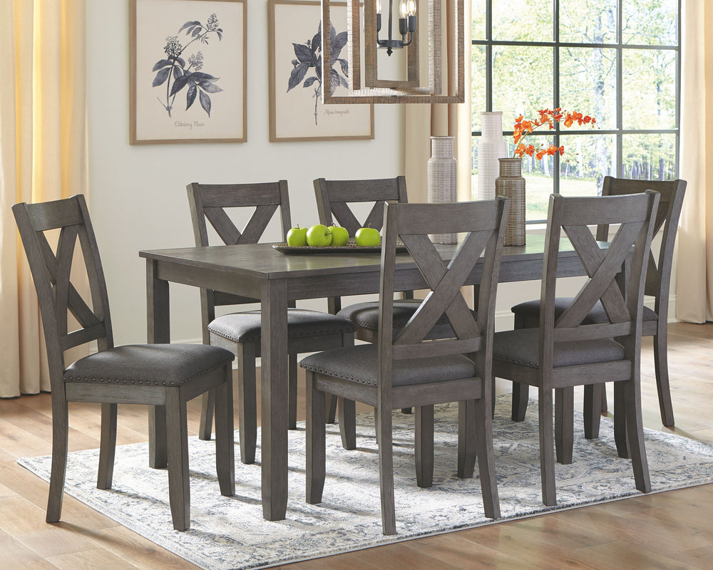 Perfect portion. Striking a simply chic pose, this dining set is styled with fascinating flair. Subtle gray wash finish gives the clean-lined design a casually cool sensibility, while the chairâ€™s plushly cushioned seat in a soft, neutral upholstery adds