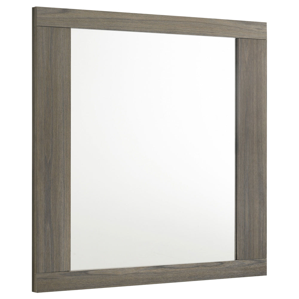 Complete your bedroom-'s sophisticated look with this contemporary dresser mirror. Designed to perfectly complement the matching dresser, this mirror features a sleek melamine frame that blends natural wood tones for a modern aesthetic. The large reflecti