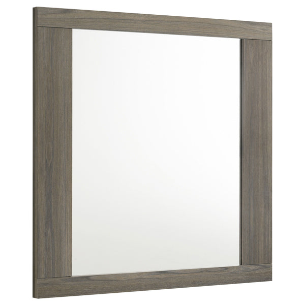 Complete your bedroom-'s sophisticated look with this contemporary dresser mirror. Designed to perfectly complement the matching dresser, this mirror features a sleek melamine frame that blends natural wood tones for a modern aesthetic. The large reflecti