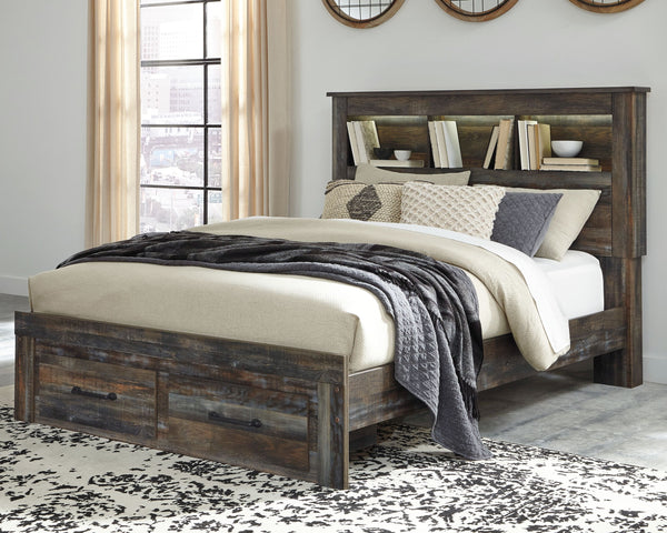 When merged in just the right way, rustic and industrial styles can make one happy marriage. Case in point: this queen bookcase bed with storage. A refined take on barn board beauty, its complex, replicated wood grain showcases hints of burnt orange and t