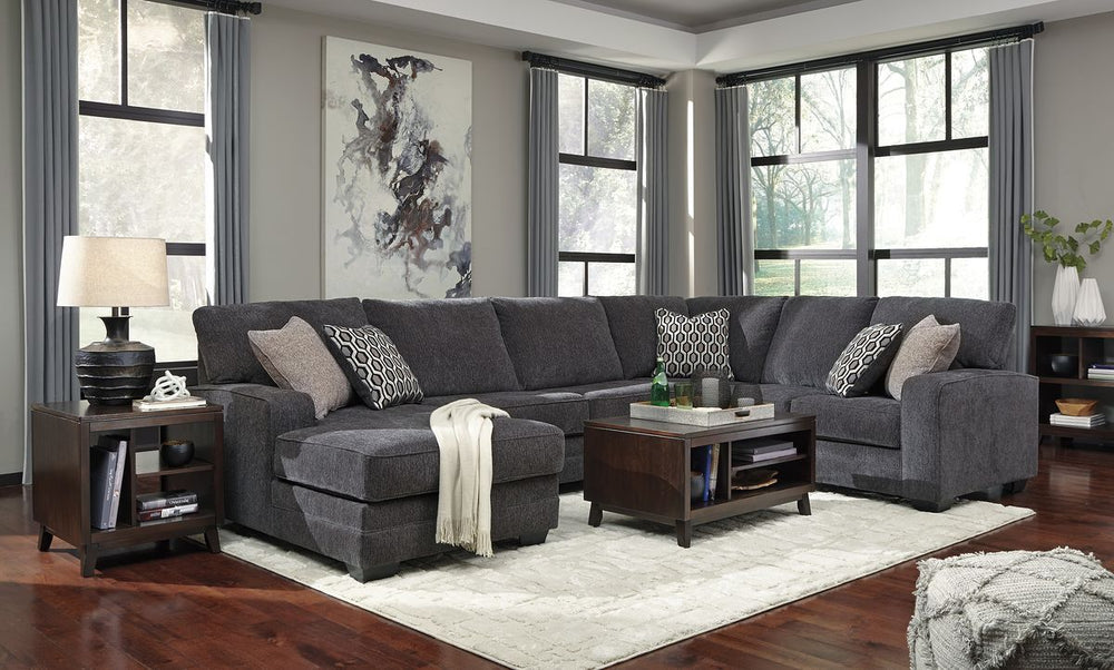 Talk about easy street. This effortlessly chic sectional puts you at the intersection of cool and comfortable. Ultra-deep seats are custom made for afternoon naps and movie night marathons. So plush to the touch, the sectionalâ€™s slate gray upholstery is